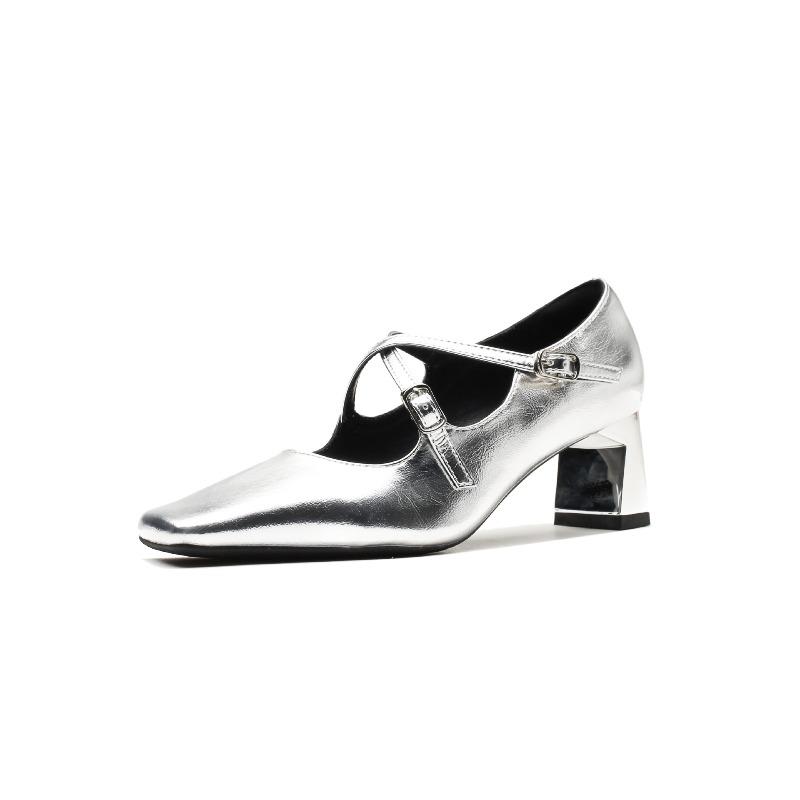Cross-buckle Spring New Mary Jane Women's Shoes Square Head Retro Silver Thick Heel Light Mouth Versatile Single Shoes