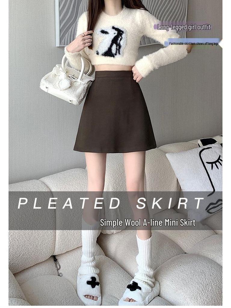 Melaleuca High-Waist Woolen A-Line Skirt: Slimming College Style for Autumn Winter 2025