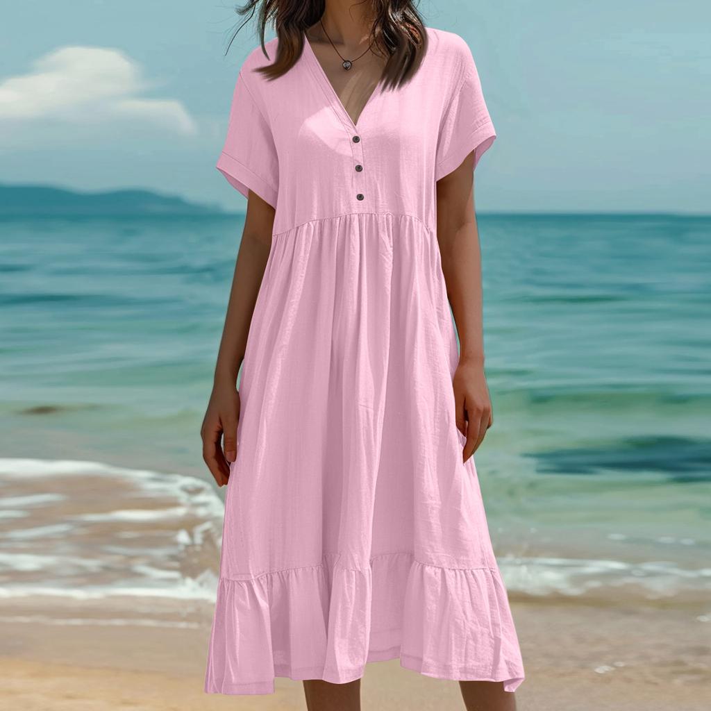 Omens Mode Farbe Kurzarm Baumwolle Leinen Patchwork Faltenkleid