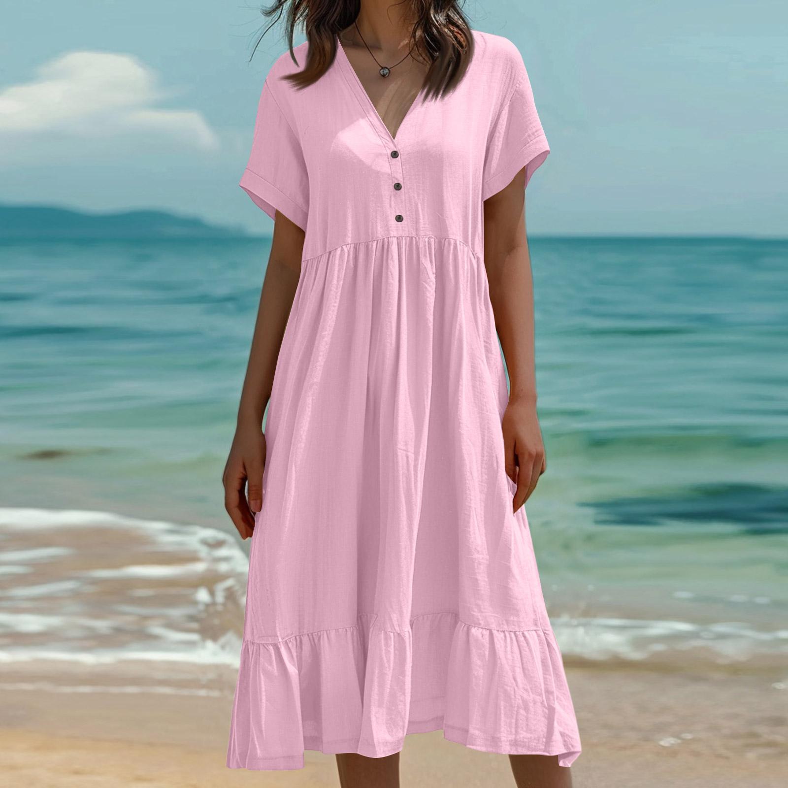

Omen s Fashion Color Short Sleeve Cotton Linen Patchwork Pleat Dress XXL рожевий