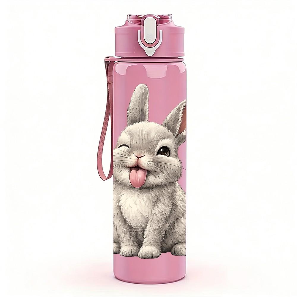 1PC White Fluffy Easter Bunny Print 750ml Color Plastic Sports Water Bottle Leakproof Flip Straw Lid Suitable for Sports Office Home Use