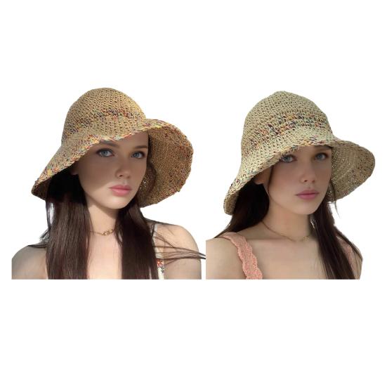 Chapéu de Pescador Cor Arco-Íris Misturada Palha Artesanal Vazado Respirável Proteção Solar Facial Completa Aba Larga Dobrável Portátil Chapéu de Férias