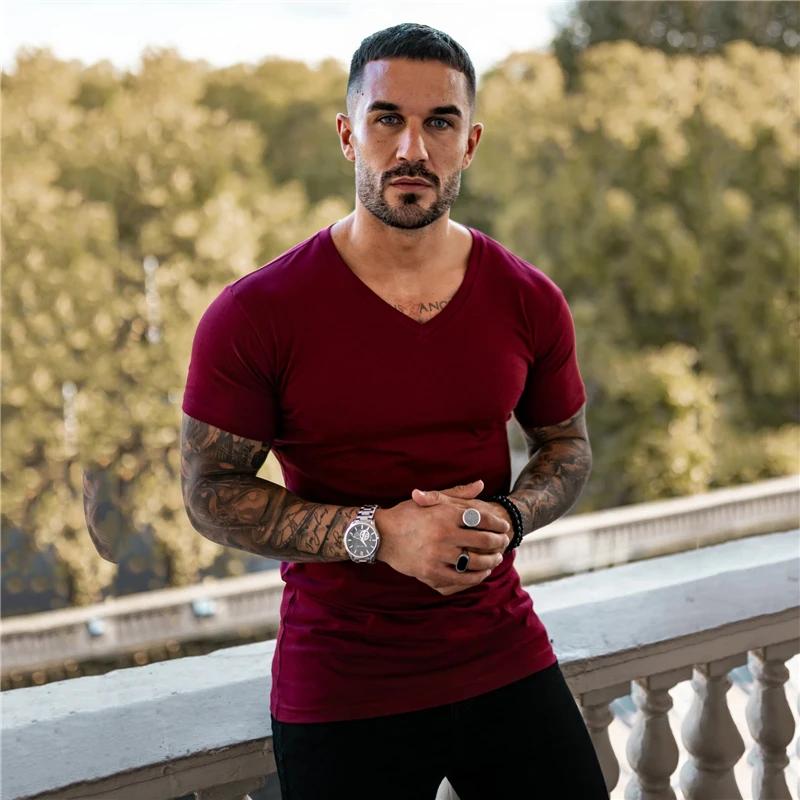 Pánske tričko do posilňovne Módne s výstrihom do V Krátke rukávy Bavlnené tričko Úzky strih Športové tričko Kulturistika Fitness Tréning Letné oblečenie