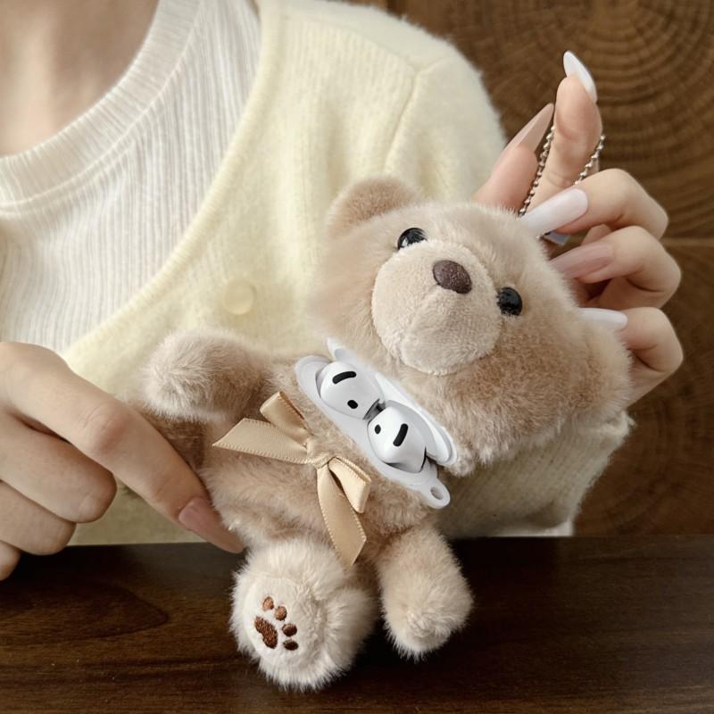 3D Fluffy Plush Bear For AirPods Case with Bow & Keychain Cute Shockproof Cover for AirPods 1 2 3 4 Pro Pro 2 Pro 3