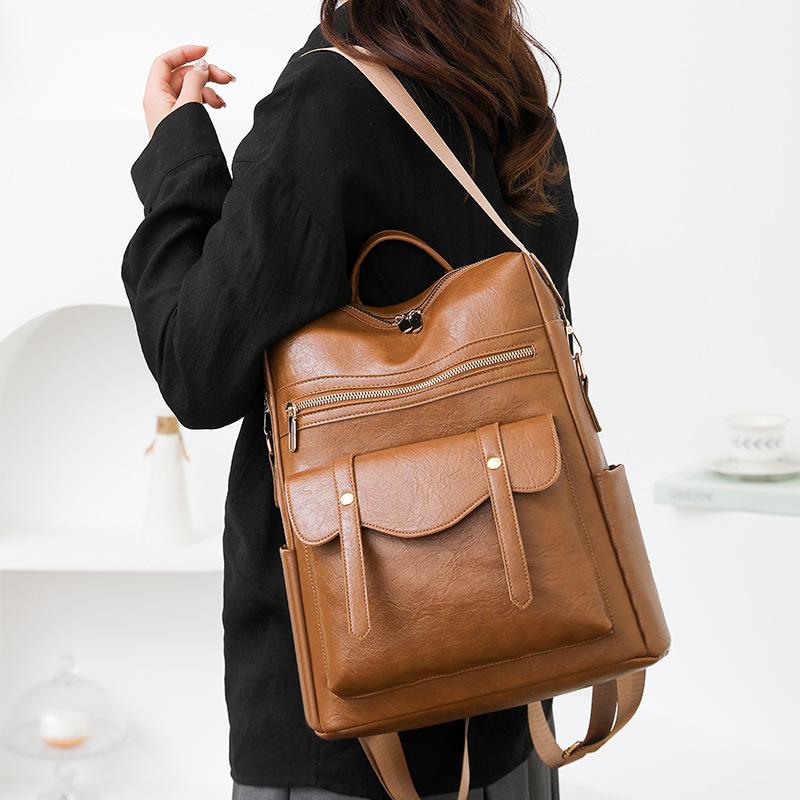 Soft Leather Backpack for Women, Retro British Fashion, Versatile Schoolbag, Casual