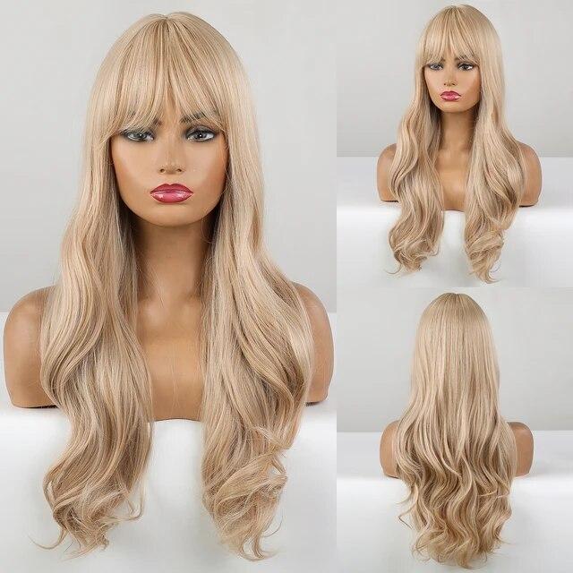 Long Wave Synthetic Wigs Ombre Black Blonde Wig with Side Bangs Heat Resistant Fiber Daily Party Hair Cosplay Wigs for Women