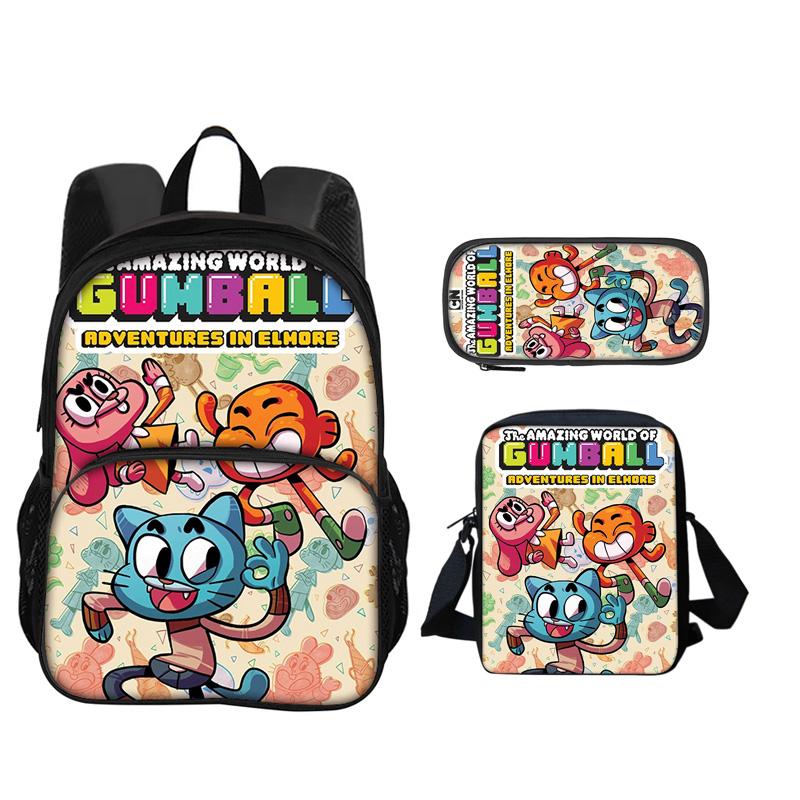 The Amazing World of Gumball Round Front Bag Backpack Pen Bag Shoulder Bag 3Pcs Set Cartoon Anime Printed Student Boys and Girls