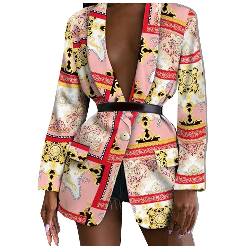 Women Fashion Long Sleeve Print Color Coat Open Front  Suit Jacket