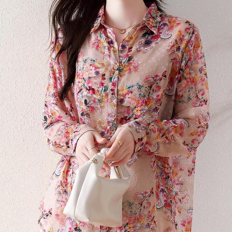 New Summer Plus Size Chiffon Blouse Women Loose Long Sleeve Casual Print Tops Fashion Shirt Tees