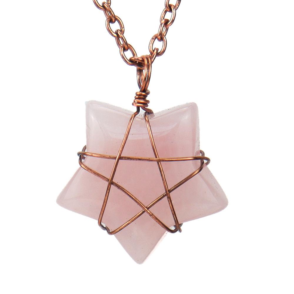 Hand-Wound Retro Natural Crystal Agate Pentagram, Amethyst Star Necklace N582