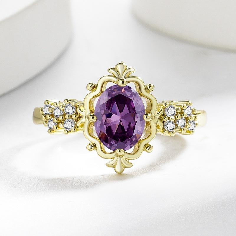 Southeast Asian Style Inlaid Purple Crystal Cubic Zirconia Copper Ring Exquisite Delicate Finger Ring for Women Fashion Jewelry