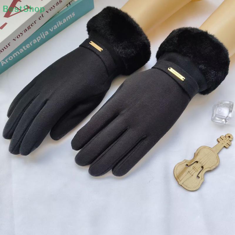 Autumn Winter Warm Suede Gloves Plus Velvet Thickened Plush Decor Cuff Gloves Outdoor Coldproof Touchscreen Riding Ski Gloves