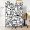 Black White Doodle Cartoon Monster Line Art Flannel Throw Blanket, Light Cozy Blanket for Kids Toddler Playroom Sofa Decor
