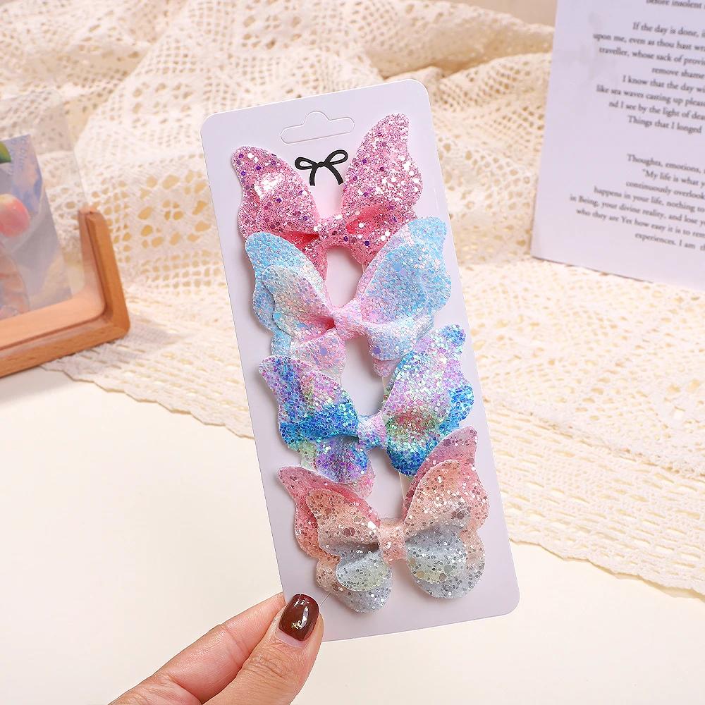 4Pcs/set Cute Sequins Double Butterfly Hair Bows Clip for Baby Girls Leather Kids Hairpins Barrettes Headwear Hair Acesssories