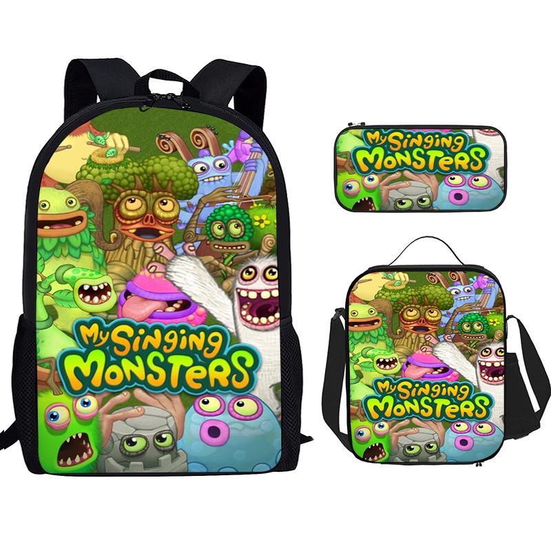 Monster Singer Elementary School Bag Three-Piece Nylon Printed Backpack Breathable Backpack Lightweight