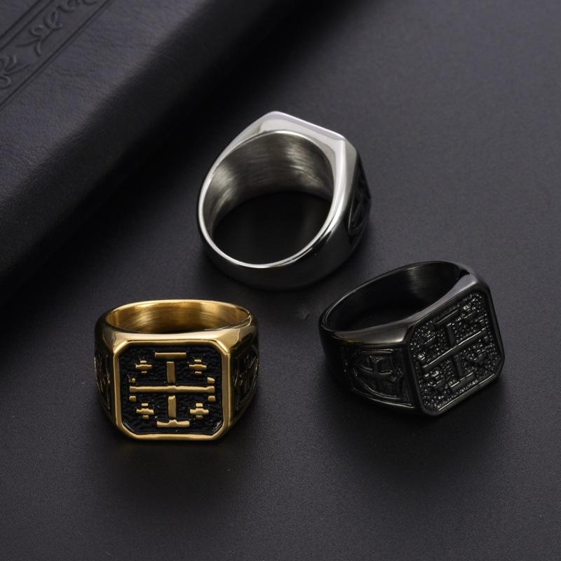 Crusader Jerusalem Cross Ring for Men Stainless Steel Rings Vintage Jewelry