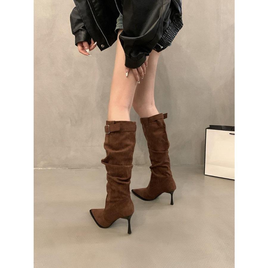 Сапоги до колена из искусственной замши с плиссе женские модные ковбойские сапоги с пряжкой заостренные с застежкой-молнией женские на тонком каблуке длинные Botas Mujer 35 4929₽