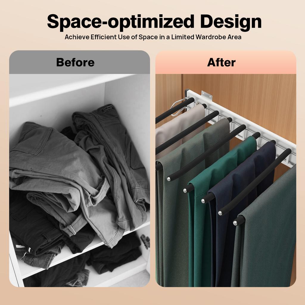 Pull out Pants Rack 9-Rod Left Mounted, Wardrobe Trousers Rack Jeans Scarf Hanger for Cabinet, Closet Organizer(18.11x12.8in)
