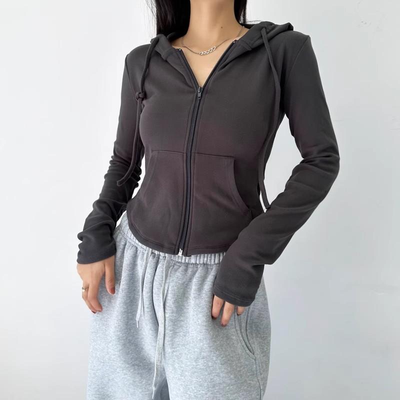 Podzimní móda zkrácené mikiny Dámská mikina s kapucí na zip Korejská módní mikiny Roztomilé s kapucí s dlouhým rukávem Crop Top Sexy Slim