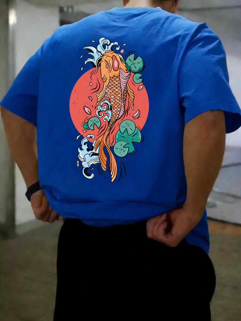 Japanese Koi Fish Mens Tshirt Loose Shortsleeved Summer Casual Pure Cotton Retro Clothing Suitable for Both Men Women