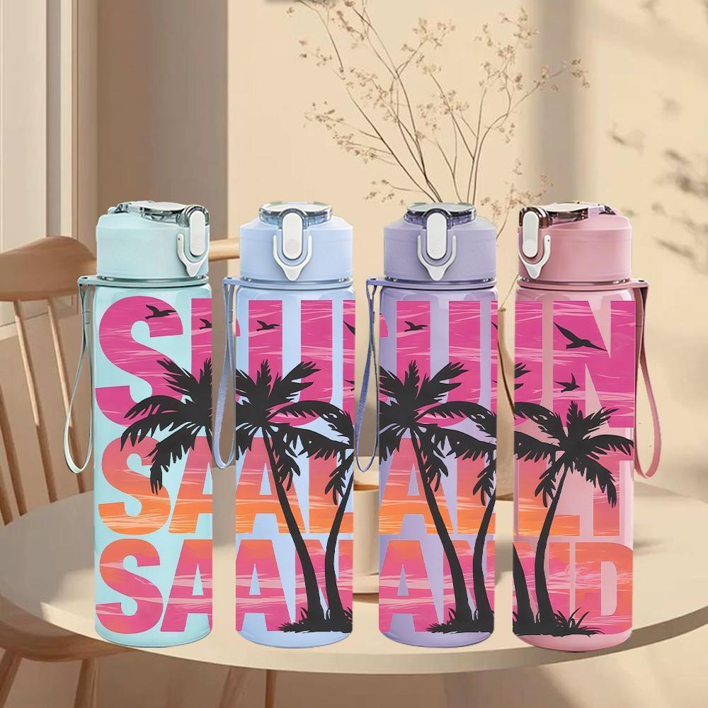 1PC Sun Salt Sand Palm Tree Summer Beach Art 750ml Color Plastic Sports Water Bottle Leakproof Flip Straw Lid Suitable for Sports Office Home Use