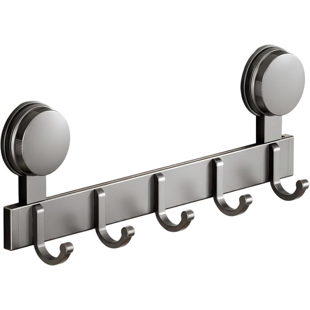 5-Hook Coat Rack Wall Mount, Suction Cup Towel Rack – Easy No-Drill Setup, Gray, 13.39 Inch Length