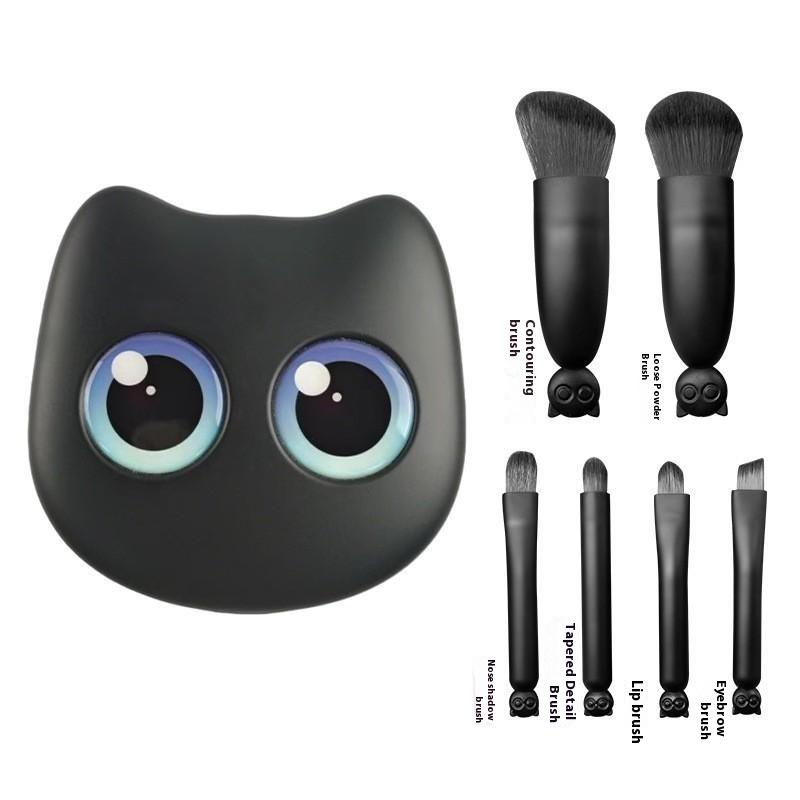 6 Stück Mini Reise-Make-up-Pinsel Set Mit Spiegel Katze Aufbewahrungsbox Reise-Make-up-Pinsel Set Kosmetikpuder Rouge Verblendungsbürsten