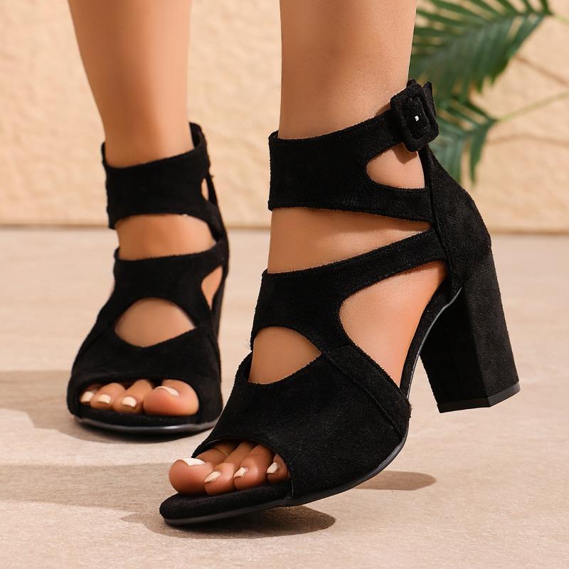 Summer Women's Black Suede Chunky Heel Sandals, Hollow Open-Toe High Heels, Fashionable Roman Style Versatile Women's Shoes for