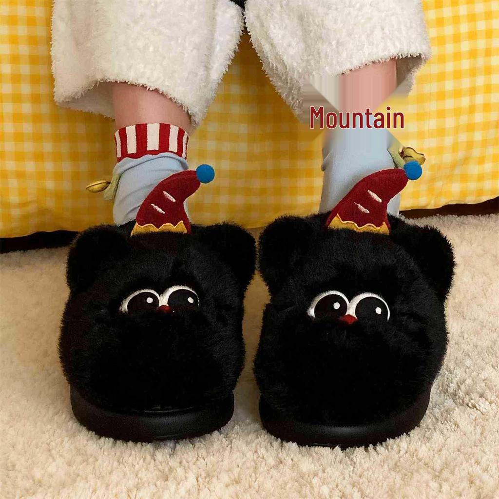 Women's Winter Black Cat Plush Slippers - Cozy Indoor Platform for Autumn/Winter 2025