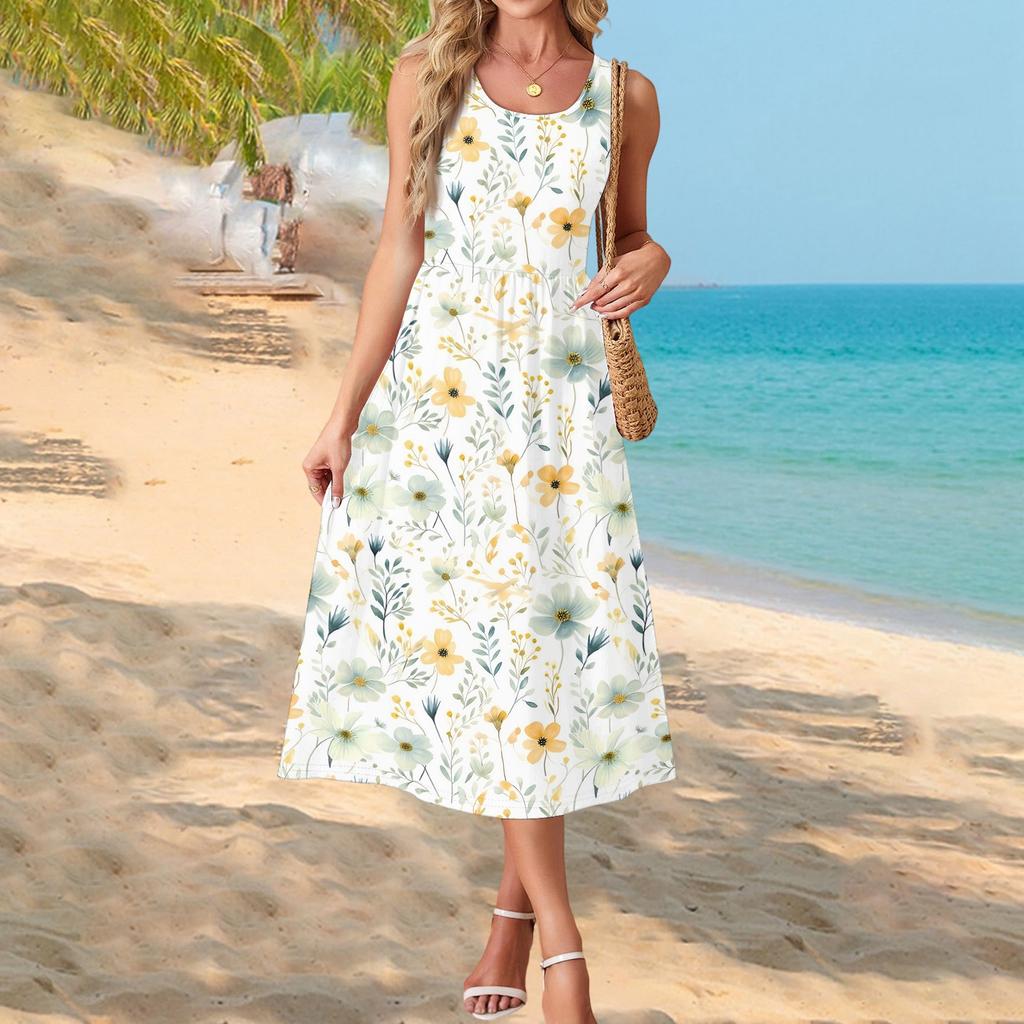 Fashionable Women's Summer Dress with Gradient Print, Elegant Casual Wear, Beach Vacation Sun Skirt with Pocket