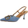 Light Luxury Bag Head Thin Heel Sandals Women's 2024 Summer New French Celebrity Shallow Mouth Pointed Denim High Heel