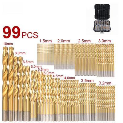Juego de 99 brocas helicoidales de acero rápido chapadas en titanio (1,5-10 mm) en Caja de Plástico