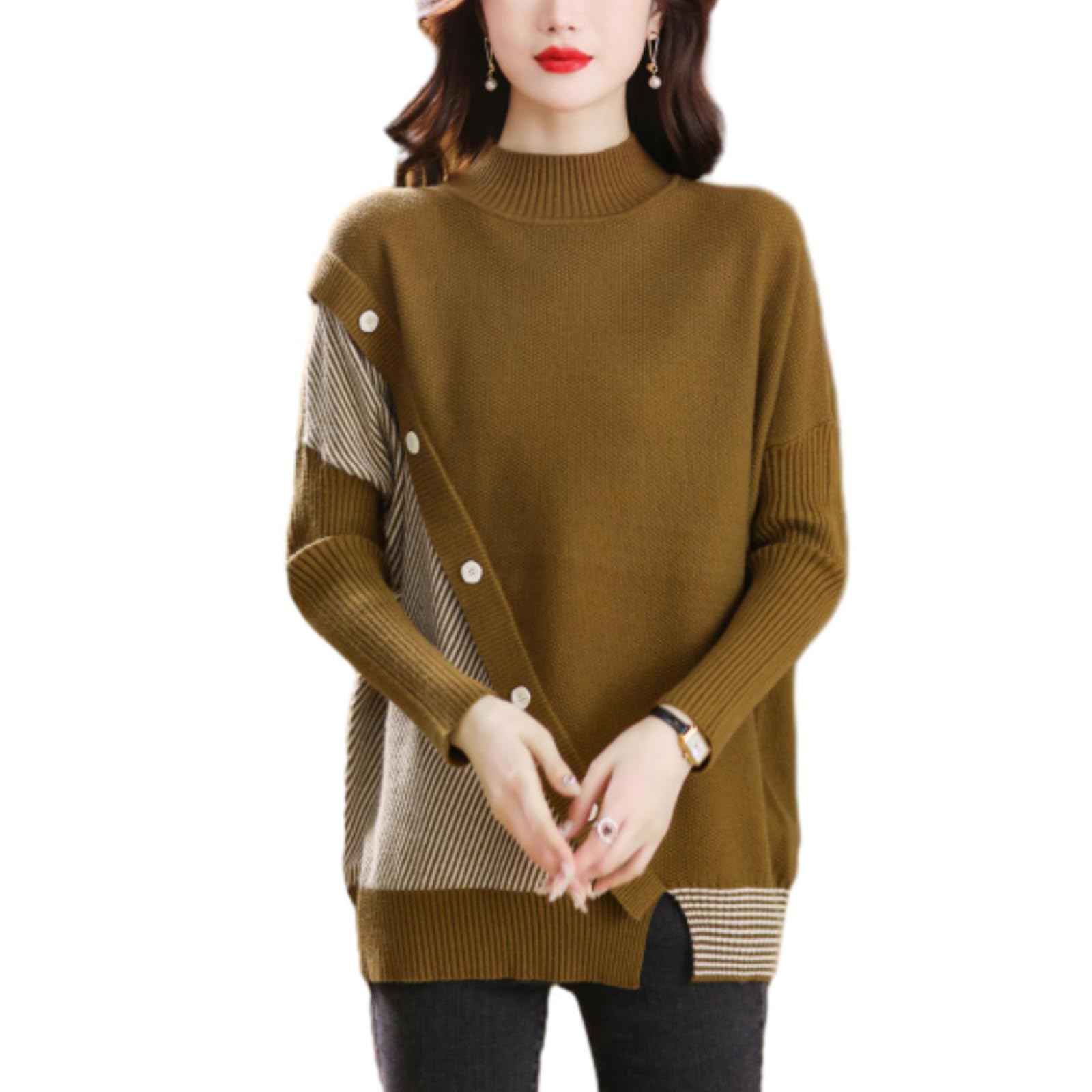 

Knit Pullover Crew Long Button Plus Sizes Loose Casual Everyday Spring [MSFQSNB] Women s Sweater, Neck, Sleeves, Detail, Available, Fit, Slimming, кавовий
