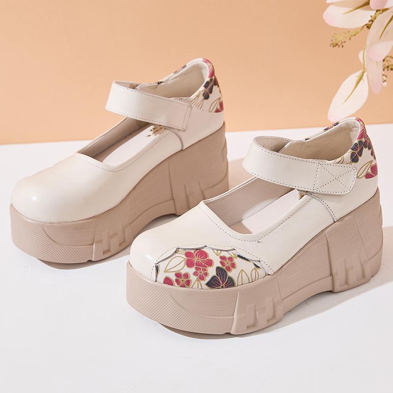 Fashion GKTINOO Thick Soled Heightening Pumps 2025 Spring New Genuine Leather Hook & Loop Versatile Retro Women's Platform Shoes