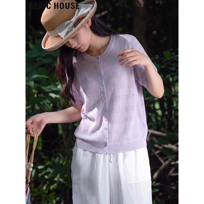 Basic House Women s Purple Hollow-out Knit Short Sleeve Top L