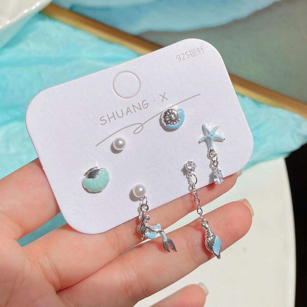 Ocean Fresh Mermaid Princess Silver Stud Earring Set for Women - Conch & Starfish Designs, Exquisite Summer Niche Jewelry