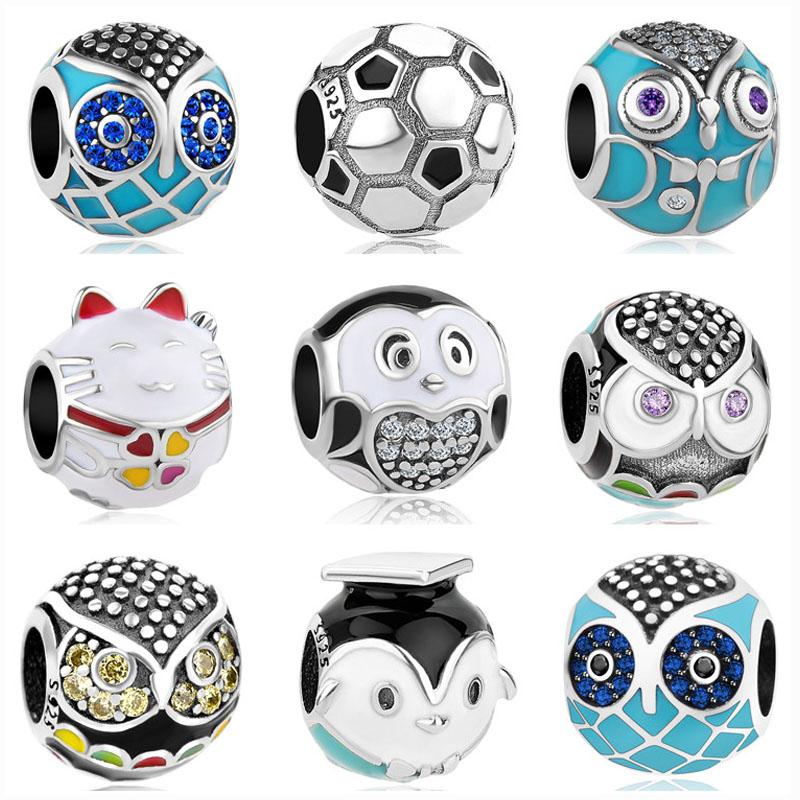 

1 шт. Стерлингового Серебра 925 Сова Пингвин Lucky Cat Футбол Diy Шарик Подходит Подвески Браслет Оригинальный Для Женщин F097
