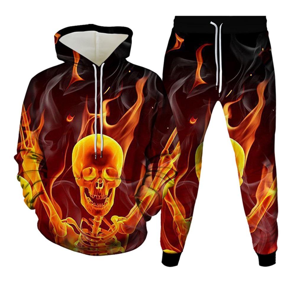 New Men's Tracksuit Sets Goth Punk Skull Fire 3D Printing Hoodies Pants Suit High Quality Skeletons Pullover Streetwear Oversized