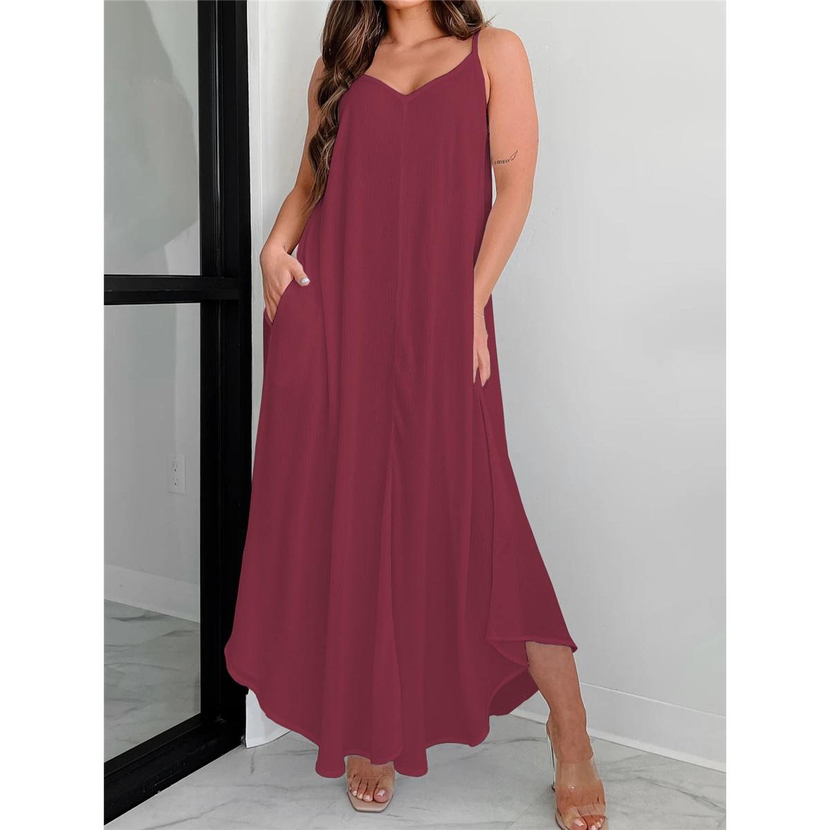 

Женское однотонное повседневное свободное длинное платье с V-образным вырезом на подтяжках XXL вино красного