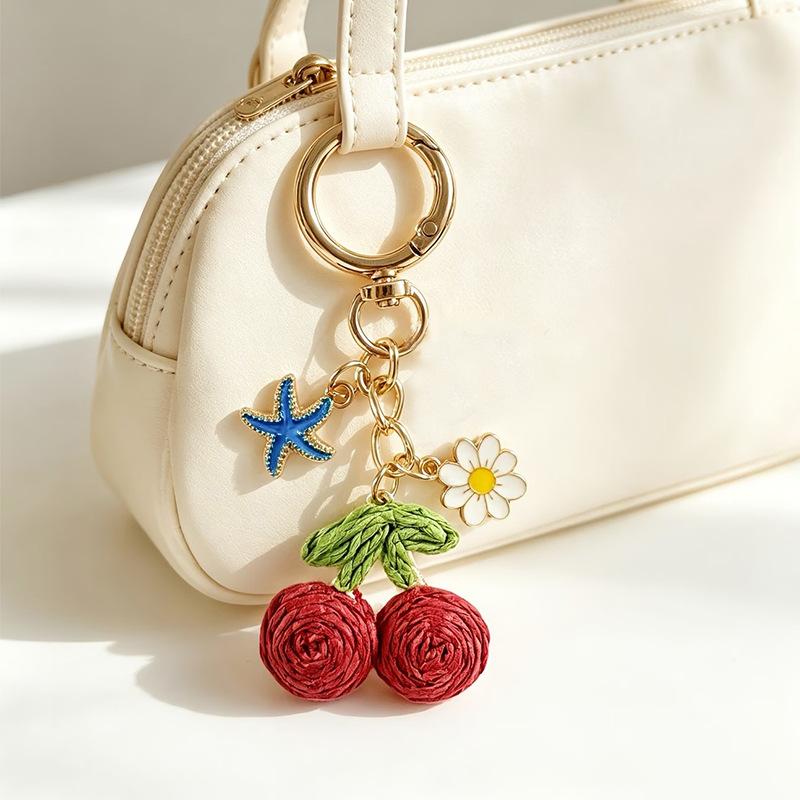 Handwoven Cherry And Starfish Pendant Women'S Beach Bag Decor Keyring Vacation Bohemian Keychain Jewelry Accessories
