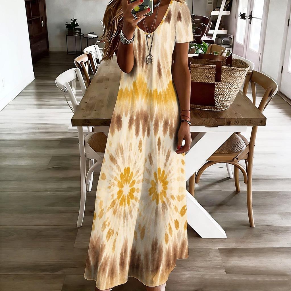 Women Plus Size V Neck Short Sleeve Printed Straight Maxi Dress