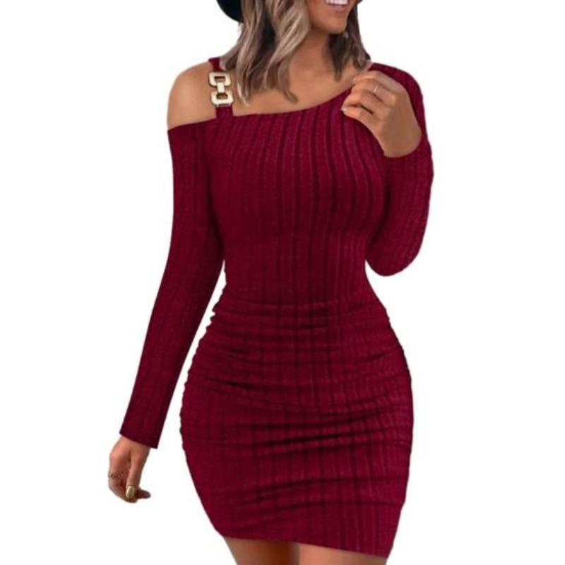 Women  Dress Knitted One Shoulder  Elastic Neck Solid Color Tight Waist Anti-shrink Long Sleeve Mini Sheath Dress Party