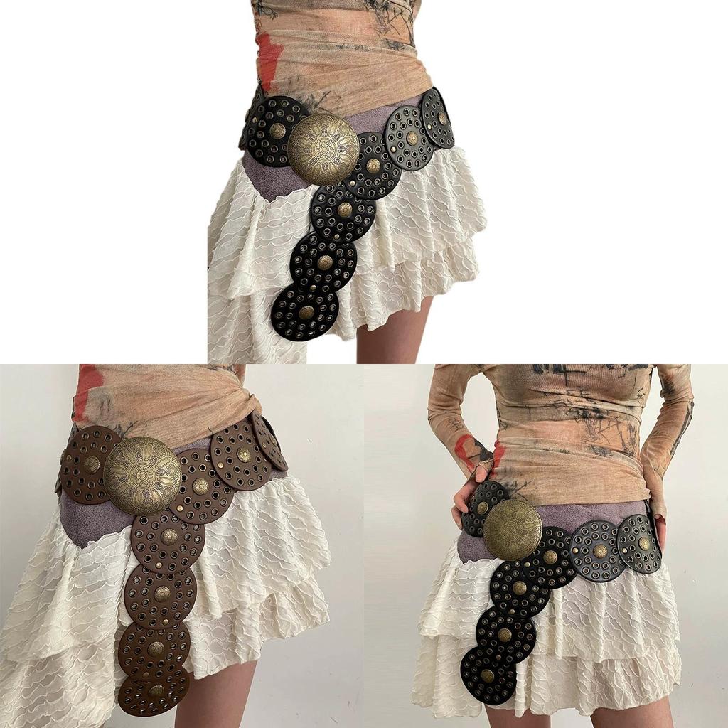 Cintura Larga in Ecopelle Stile Boho con Fibbia Metallica Circolare per Donne Moda Estiva
