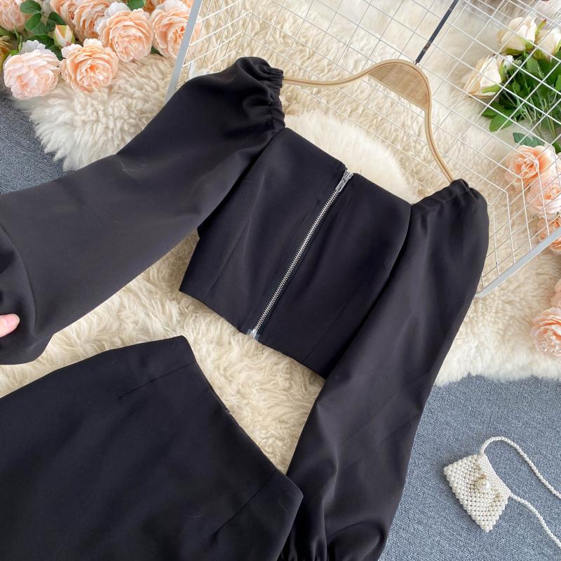 Autumn Retro Square Collar Temperament Bubble Sleeve Top Short High Waist Half-Body Skirt Celebrity Temperament Two-Piece Suit