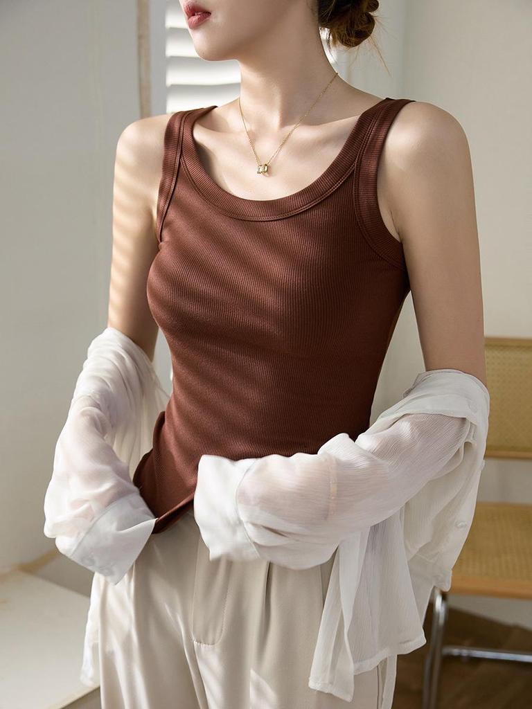 High-Quality, Elastic Ribbed Cotton Concealing Tank Top for Women - Anti-Exposure & Side Fat Concealing Design