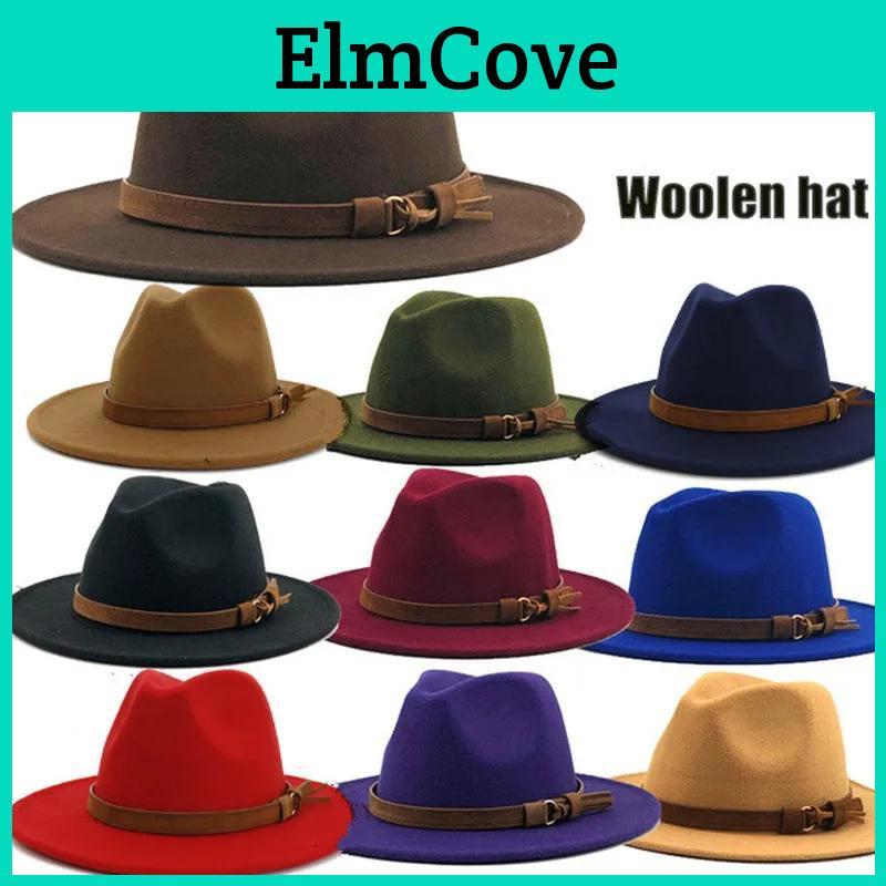 Unisex Hat Women Men Wool With Leather Ribbon Winter Autumn Wide Brim Jazz Church Cap