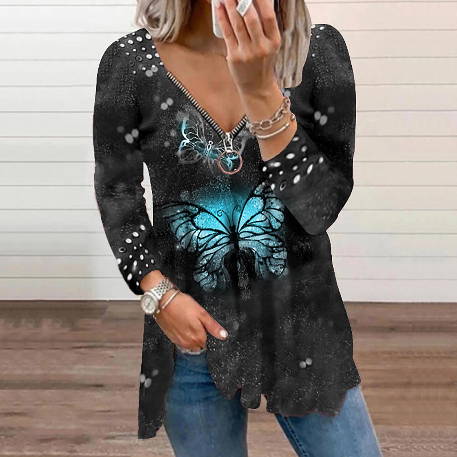 

Women s Fashion Casual Print Long-sleeved Stitching V-neck Zipper Waist Loose Long T-shirt Top XXXXXL чёрный