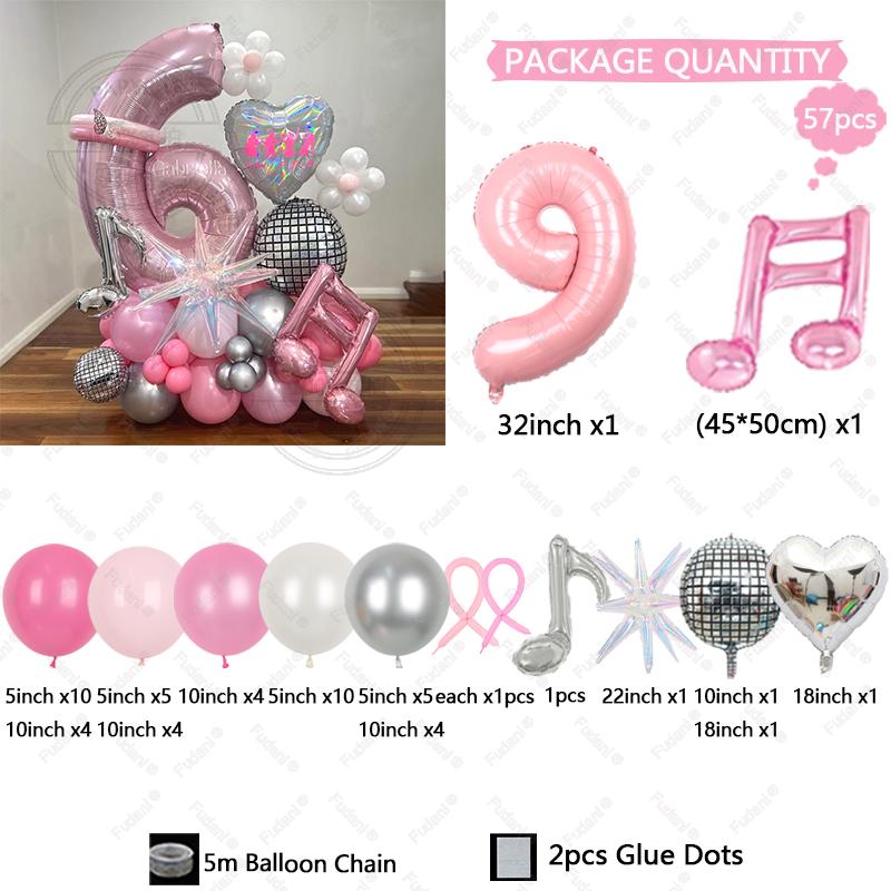 57pcs Slivery Heart Disco Balloon Silver Number Birthday Balloon Set Pink Music Note Children Adult Festive Party Decorations
