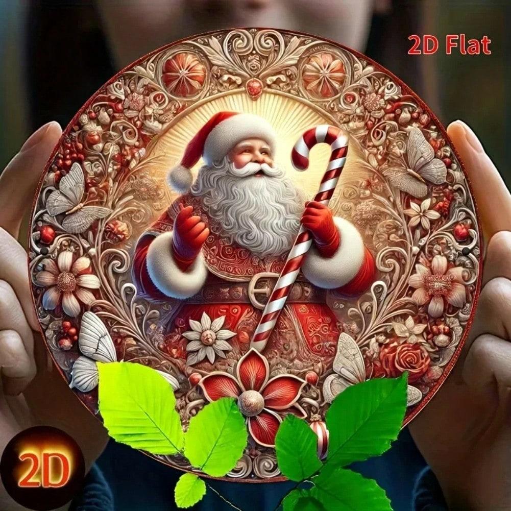 Christmas Santa Candy Cane 2D Metal Wall Art Round Tin Sign Decor