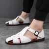 Fashion New Men's Solid-Color Leather Breathable Casual Sandals Retro Clasp Cutout Beach Shoe Comfortable Round-Toe Anti-Slip Flat Shoes